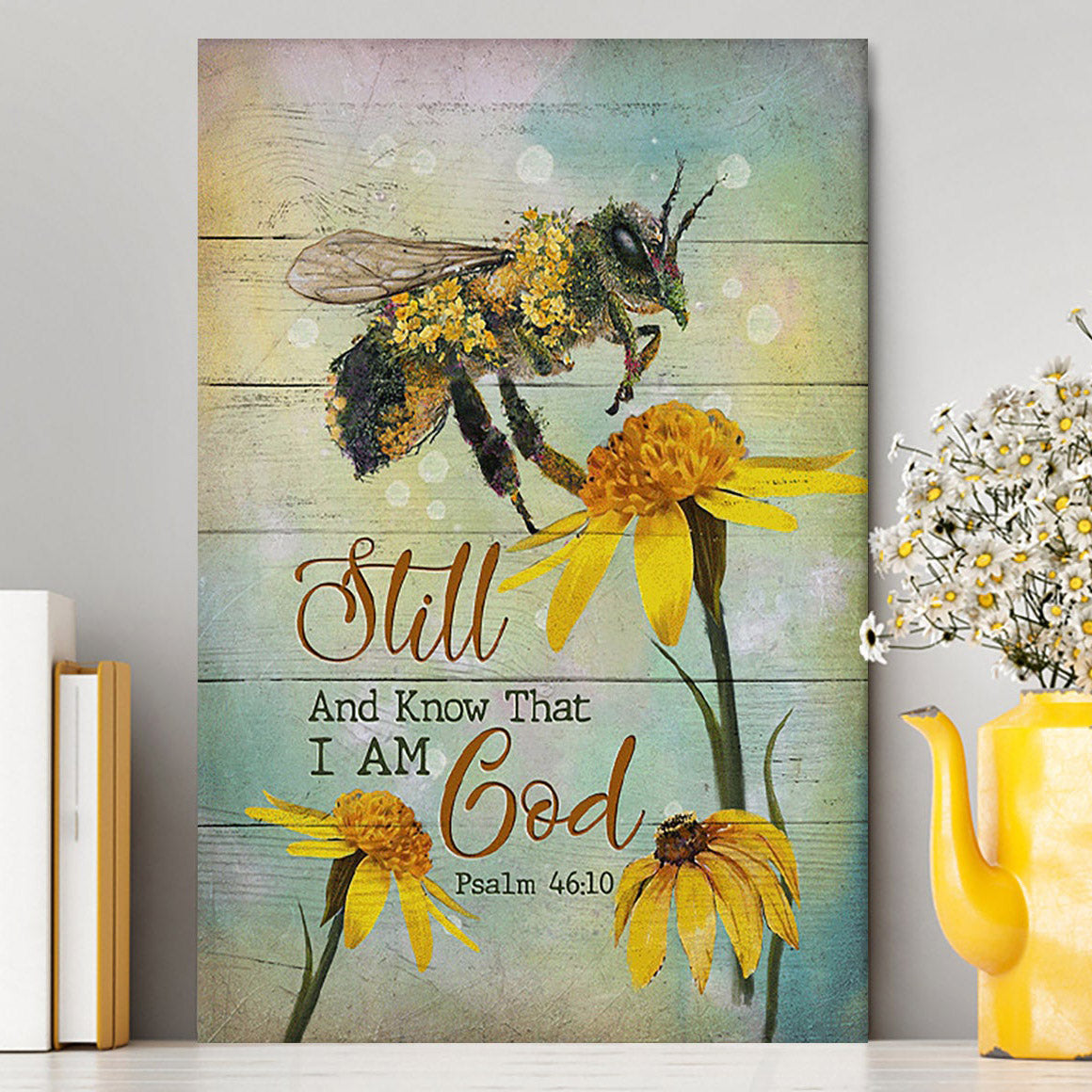 Bee Still And Know That I Am God Bee Flower Canvas Wall Art - Bible Verse Canvas Art - Inspirational Art - Christian Home Decor