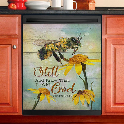 Bee Still And Know That I Am God Bee Flower Dishwasher Cover, Bible Verse Dishwasher Magnet Cover, Inspirational Kitchen Decor