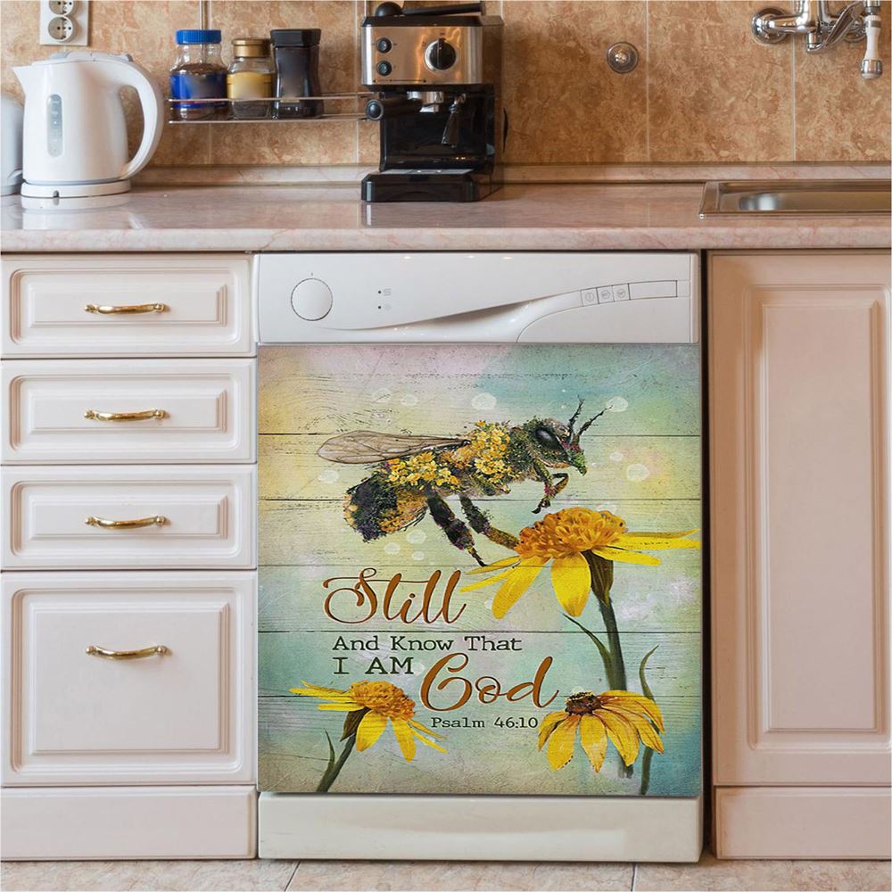 Bee Still And Know That I Am God Bee Flower Dishwasher Cover, Bible Verse Dishwasher Magnet Cover, Inspirational Kitchen Decor