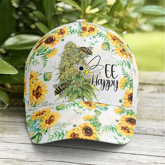 Bee happy Sunflower Pattern Baseball Cap, Christian Baseball Cap, Religious Cap, Jesus Gift, Jesus Hat