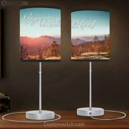 Begin Each Day With A Grateful Heart - Mountain Forest - Christian Table Lamb Gift - Christian Bedroom Decor