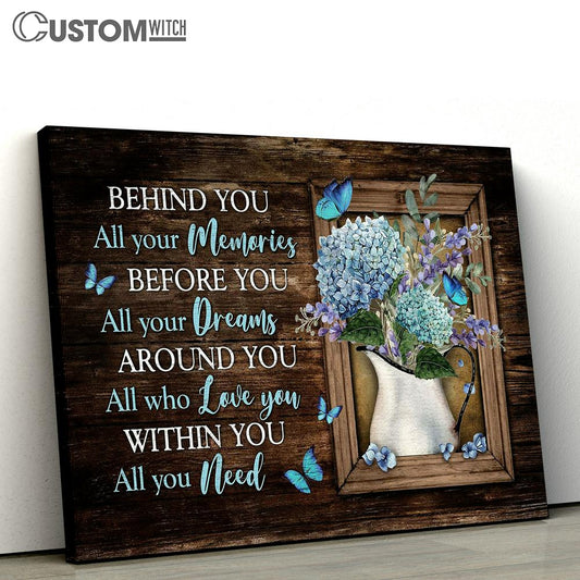 Behind You, All Your Memories Blue Hydrangea Butterfly Wall Art Canvas - Christian Wall Art - Religious Art