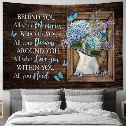 Behind You, All Your Memories Blue Hydrangea Butterfly Wall Art Tapestry - Christian Wall Art - Religious Art
