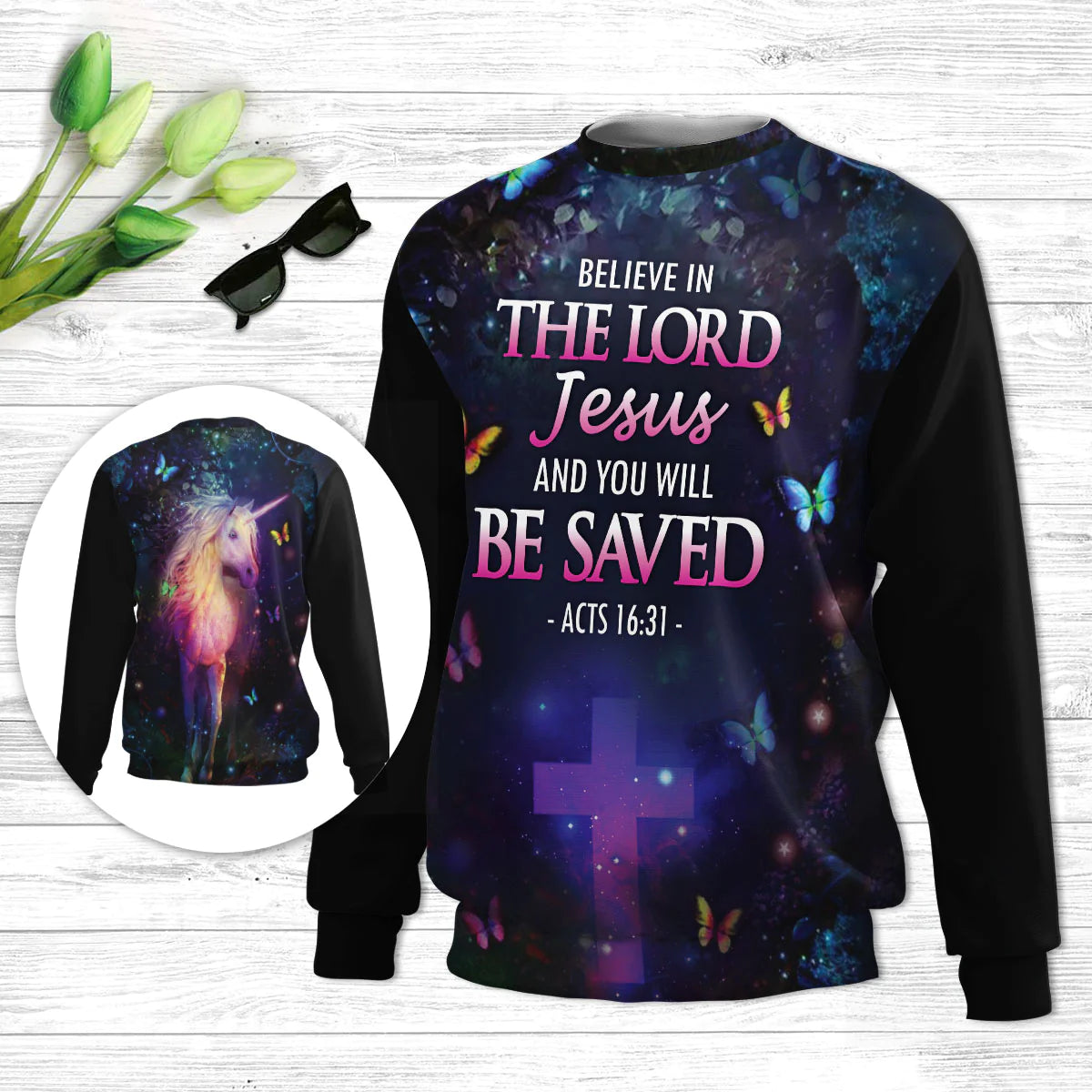 Believe In The Lord Jesus Unicorn & Cross Butrerfly Ugly Christmas Sweater - Christian Unisex Sweater - Religious Christmas Gift