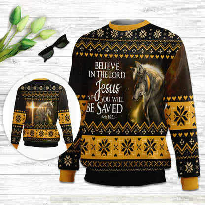 Believe In The Lord Jesus Wolf & Cross Ugly Christmas Sweater - Christian Unisex Sweater - Religious Christmas Gift