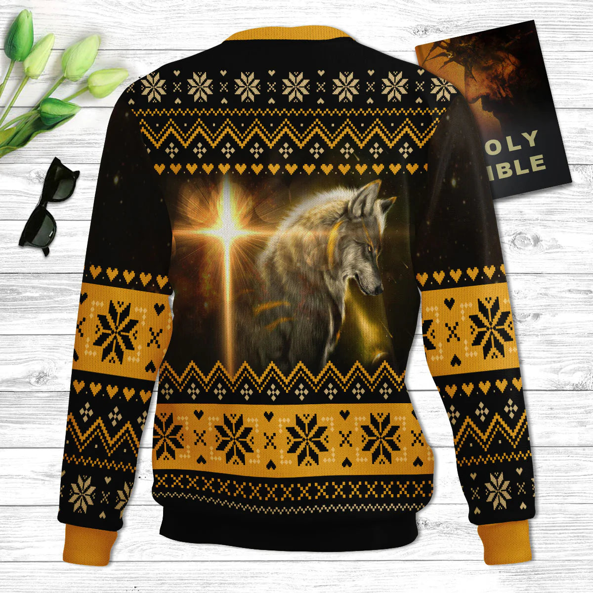 Believe In The Lord Jesus Wolf & Cross Ugly Christmas Sweater - Christian Unisex Sweater - Religious Christmas Gift