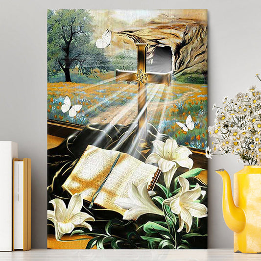 Bible Book Lily Flowers Golden Cross White Butterfly Canvas Wall Art - Bible Verse Canvas Art - Inspirational Art - Christian Home Decor