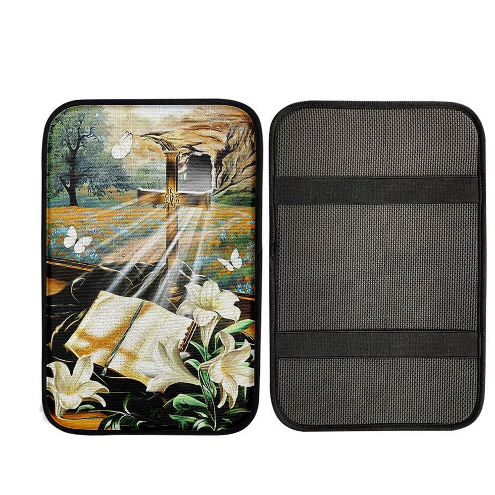 Bible Book Lily Flowers Golden Cross White Butterfly Car Center Console Cover, Christian Auto Armrest Cover
