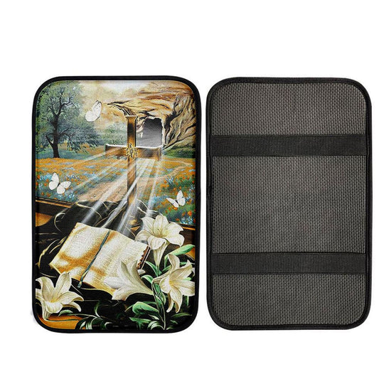 Bible Book Lily Flowers Golden Cross White Butterfly Car Center Console Cover, Christian Auto Armrest Cover