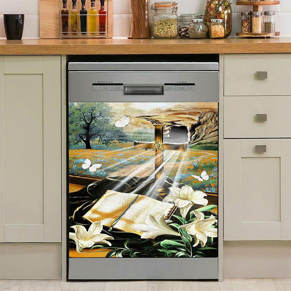 Bible Book Lily Flowers Golden Cross White Butterfly Dishwasher Cover, Bible Verse Dishwasher Magnet Cover, Inspirational Kitchen Decor