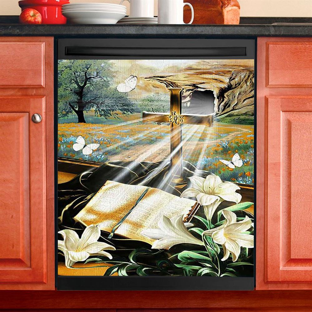 Bible Book Lily Flowers Golden Cross White Butterfly Dishwasher Cover, Bible Verse Dishwasher Magnet Cover, Inspirational Kitchen Decor