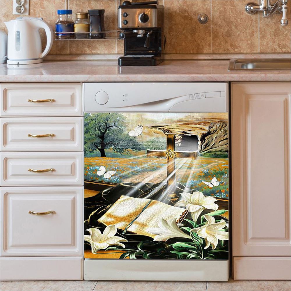 Bible Book Lily Flowers Golden Cross White Butterfly Dishwasher Cover, Bible Verse Dishwasher Magnet Cover, Inspirational Kitchen Decor