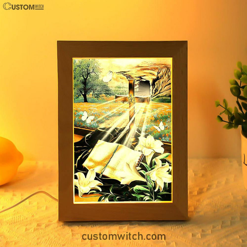Bible Book Lily Flowers Golden Cross White Butterfly Frame Lamp Art - Bible Verse Wooden Lamp - Inspirational Art - Christian Home Decor
