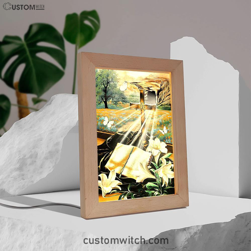Bible Book Lily Flowers Golden Cross White Butterfly Frame Lamp Art - Bible Verse Wooden Lamp - Inspirational Art - Christian Home Decor