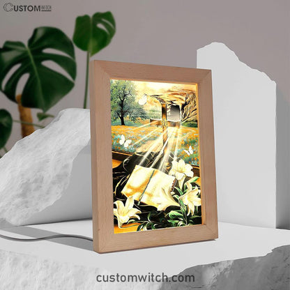 Bible Book Lily Flowers Golden Cross White Butterfly Frame Lamp Art - Bible Verse Wooden Lamp - Inspirational Art - Christian Home Decor