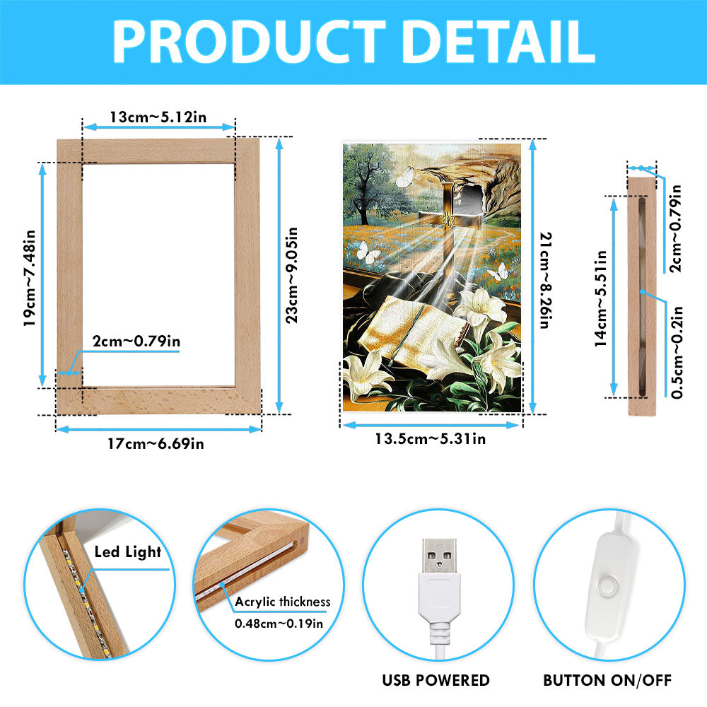 Bible Book Lily Flowers Golden Cross White Butterfly Frame Lamp Art - Bible Verse Wooden Lamp - Inspirational Art - Christian Home Decor