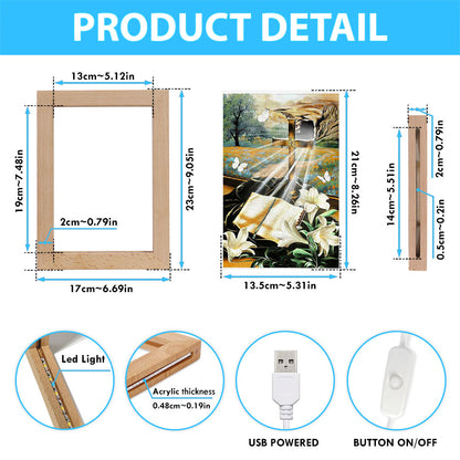 Bible Book Lily Flowers Golden Cross White Butterfly Frame Lamp Art - Bible Verse Wooden Lamp - Inspirational Art - Christian Home Decor