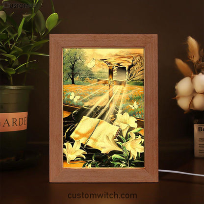 Bible Book Lily Flowers Golden Cross White Butterfly Frame Lamp Art - Bible Verse Wooden Lamp - Inspirational Art - Christian Home Decor