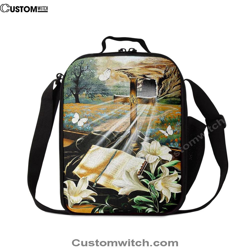 Bible Book Lily Flowers Golden Cross White Butterfly Lunch Bag, Christian Lunch Bag For School, Picnic, Religious Lunch Bag