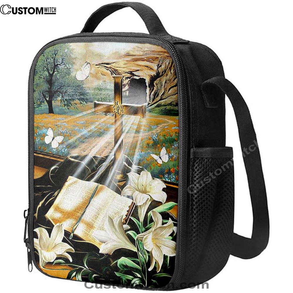Bible Book Lily Flowers Golden Cross White Butterfly Lunch Bag, Christian Lunch Bag For School, Picnic, Religious Lunch Bag