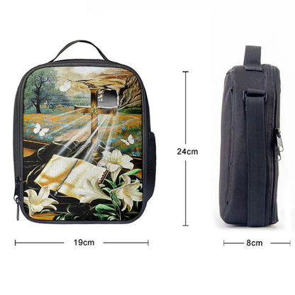 Bible Book Lily Flowers Golden Cross White Butterfly Lunch Bag, Christian Lunch Bag For School, Picnic, Religious Lunch Bag