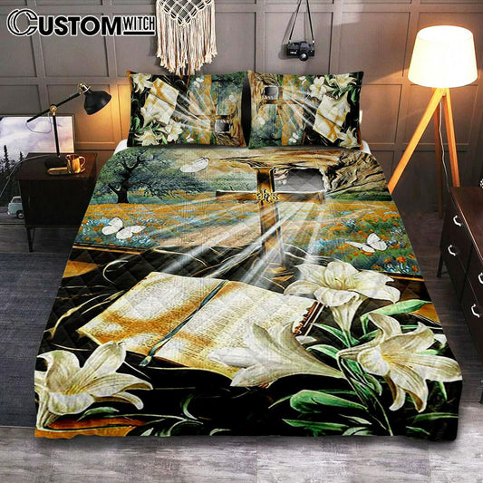 Bible Book Lily Flowers Golden Cross White Butterfly Quilt Bedding Set Bedroom - Bible Verse Quilt Bedding Set Art - Christian Home Decor