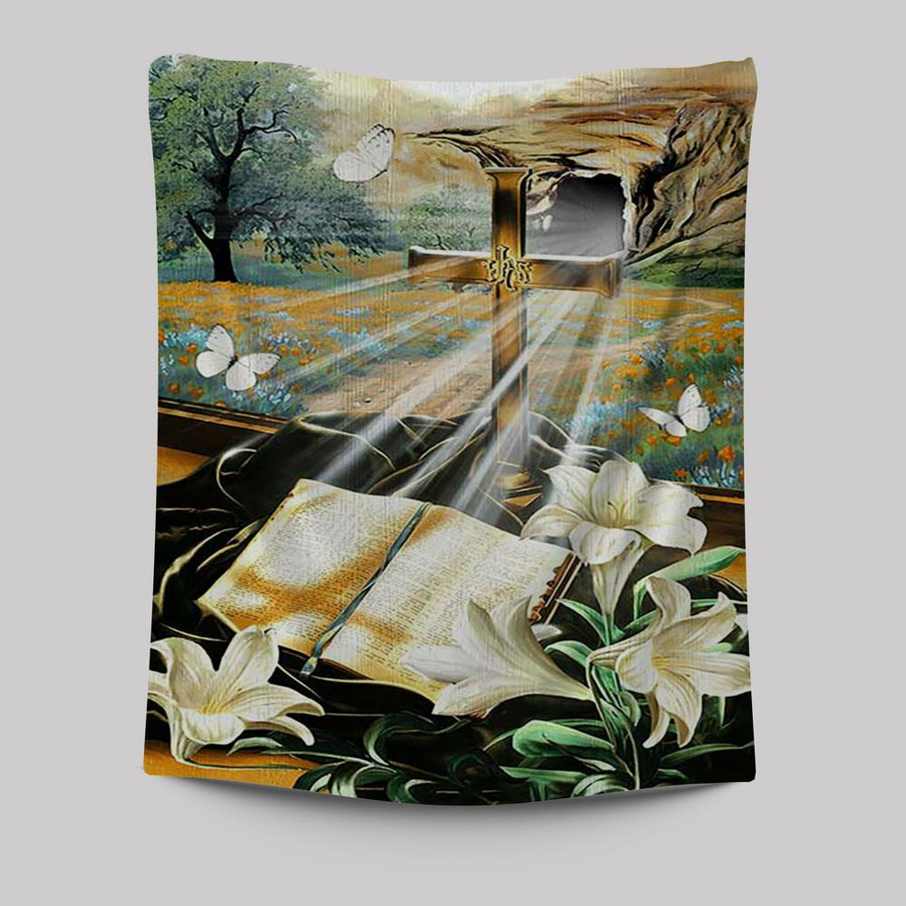 Bible Book Lily Flowers Golden Cross White Butterfly Tapestry Wall Art - Bible Verse Tapestry Art - Inspirational Art -  Christian Indoor Wall Tapestries