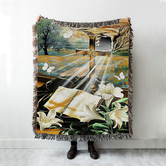 Bible Book Lily Flowers Golden Cross White Butterfly Woven Throw Blanket - Bible Verse Woven Blanket Art - Inspirational Art - Christian Home Decor