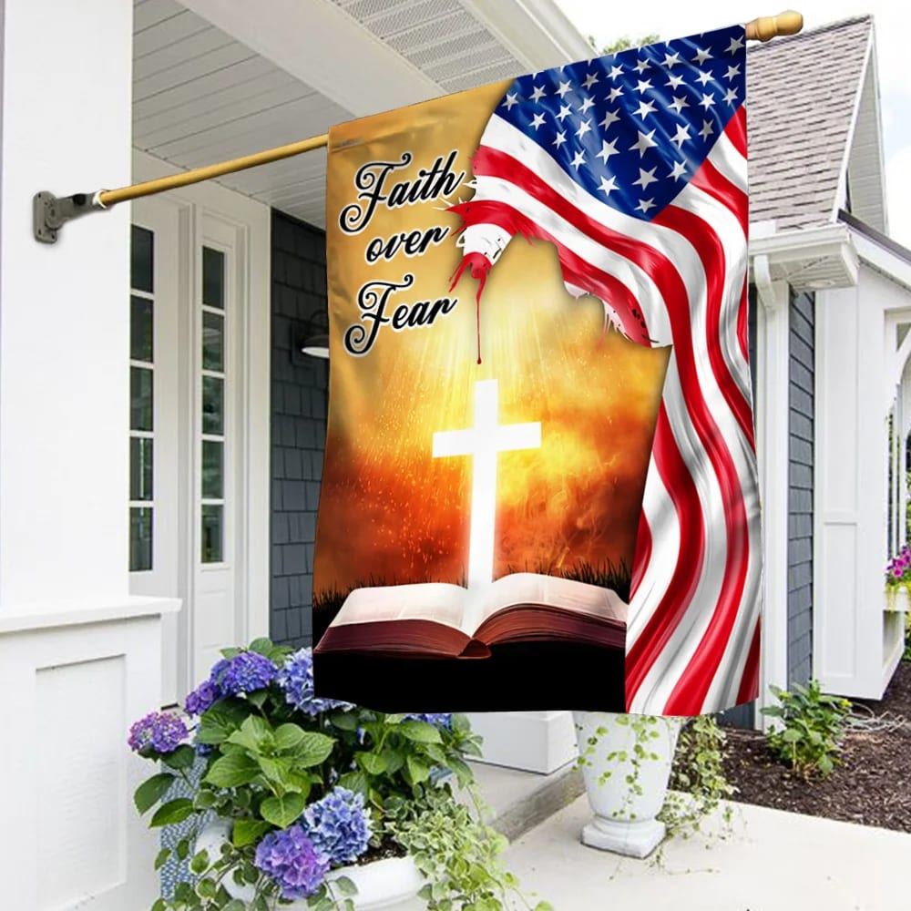 Bible Cross Holy Light Faith Over Fear American Flag, Outdoor Christian House Flag, Christian Flag, Scripture Flag, Garden Banner