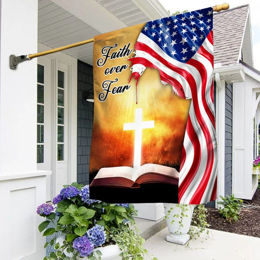 Bible Cross Holy Light Faith Over Fear American Flag, Outdoor Christian House Flag, Christian Flag, Scripture Flag, Garden Banner