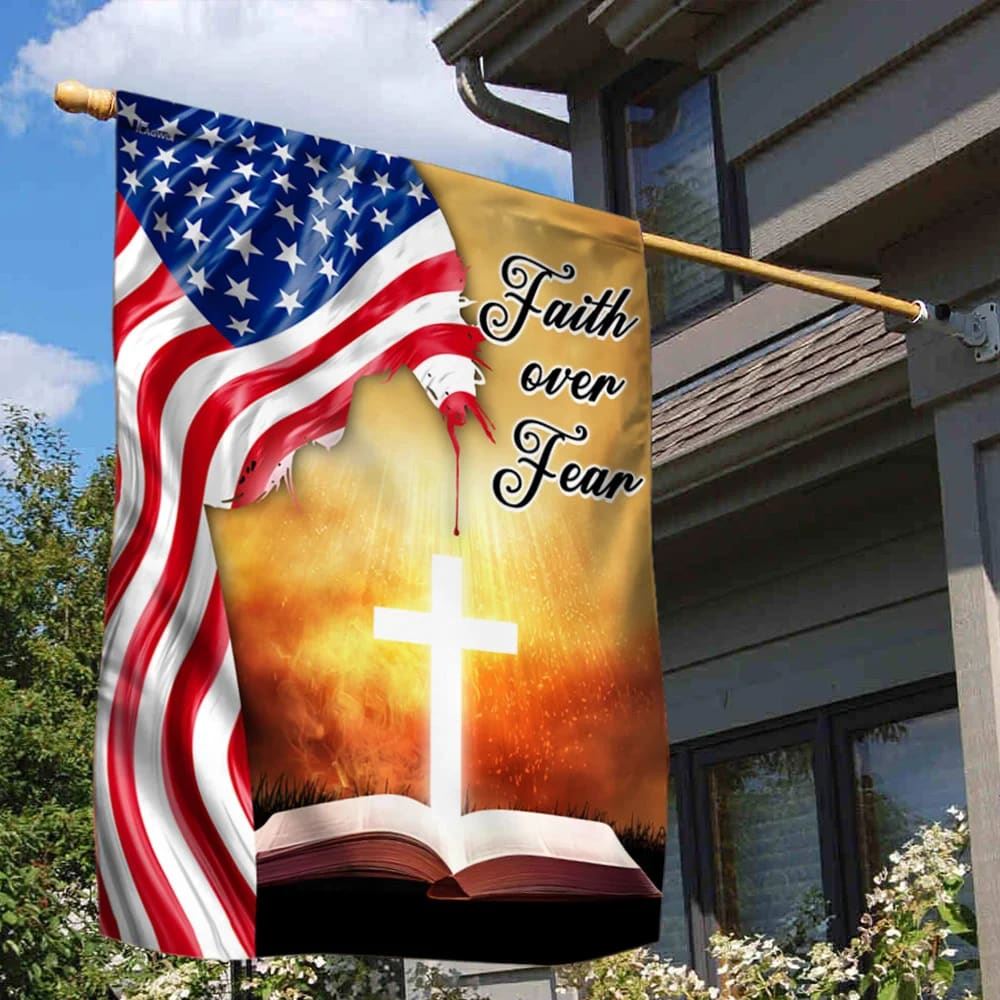 Bible Cross Holy Light Faith Over Fear American Flag, Outdoor Christian House Flag, Christian Flag, Scripture Flag, Garden Banner