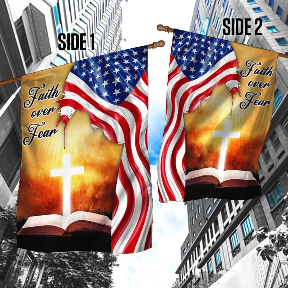 Bible Cross Holy Light Faith Over Fear American Flag, Outdoor Christian House Flag, Christian Flag, Scripture Flag, Garden Banner
