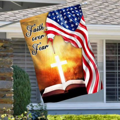 Bible Cross Holy Light Faith Over Fear American Flag, Outdoor Christian House Flag, Christian Flag, Scripture Flag, Garden Banner