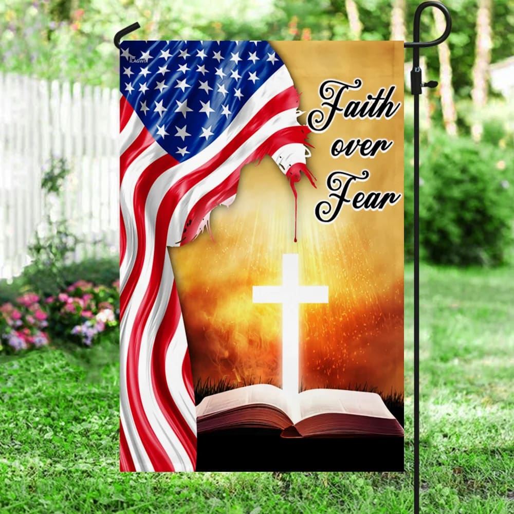 Bible Cross Holy Light Faith Over Fear American Flag, Outdoor Christian House Flag, Christian Flag, Scripture Flag, Garden Banner