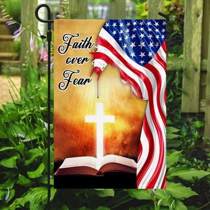 Bible Cross Holy Light Faith Over Fear American Flag, Outdoor Christian House Flag, Christian Flag, Scripture Flag, Garden Banner