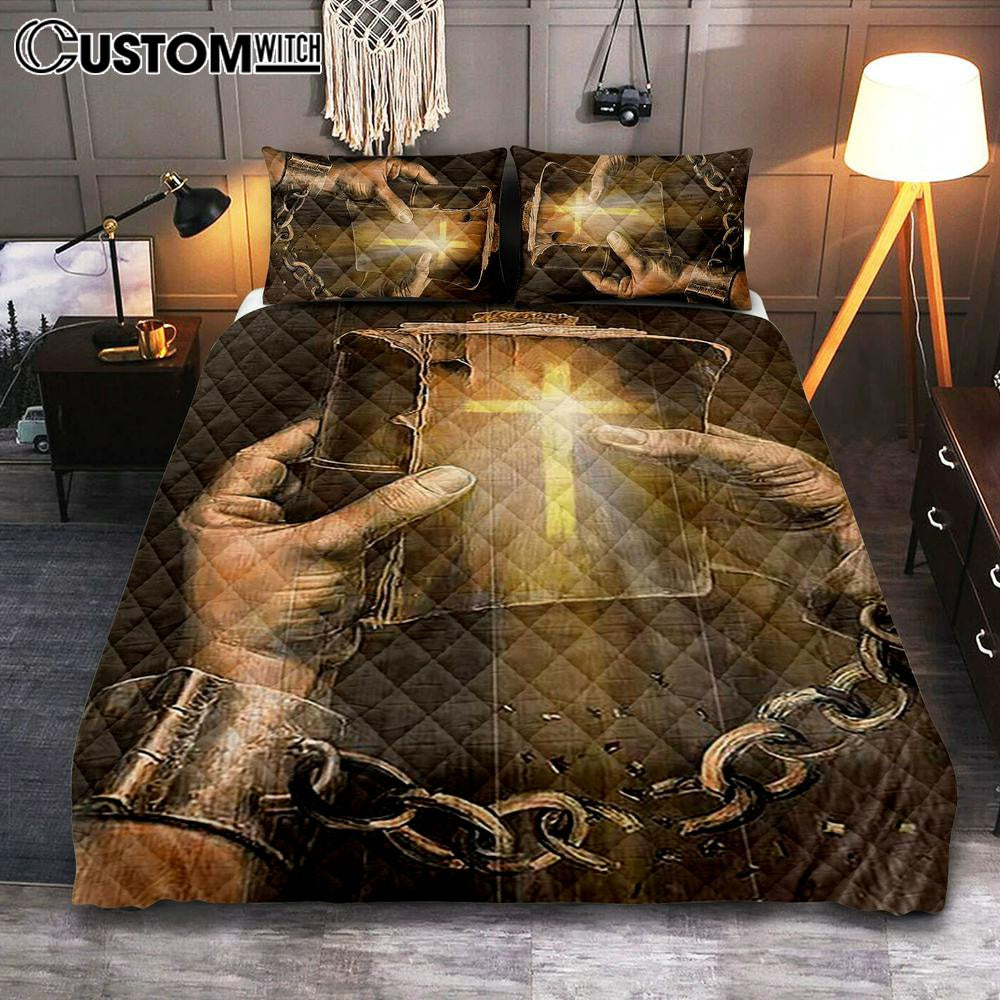 Bible Jesus Hands Light Cross Quilt Bedding Set Bedroom - Bible Verse Quilt Bedding Set Art - Christian Home Decor