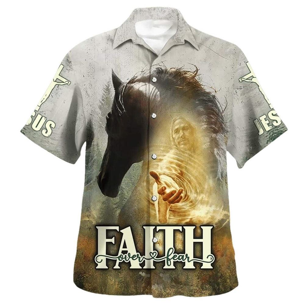 Bible Verse Horse And Jesus Faith Over Fear Hawaiian Shirt For Men, Christian Hawaiian Shirt, Gift For Christian