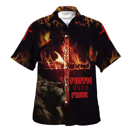 Bible Verse Lion Cross Faith Over Fear Hawaiian Shirt For Men, Christian Hawaiian Shirt, Gift For Christian