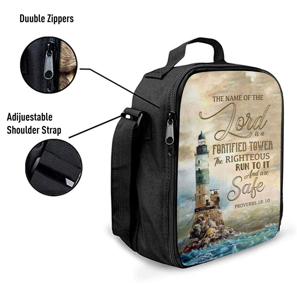 Bible Verse Proverbs 1810 The Name Of The Lord Is A Fortified Tower Lunch Bag, Christian Lunch Bag For School, Picnic, Religious Lunch Bag
