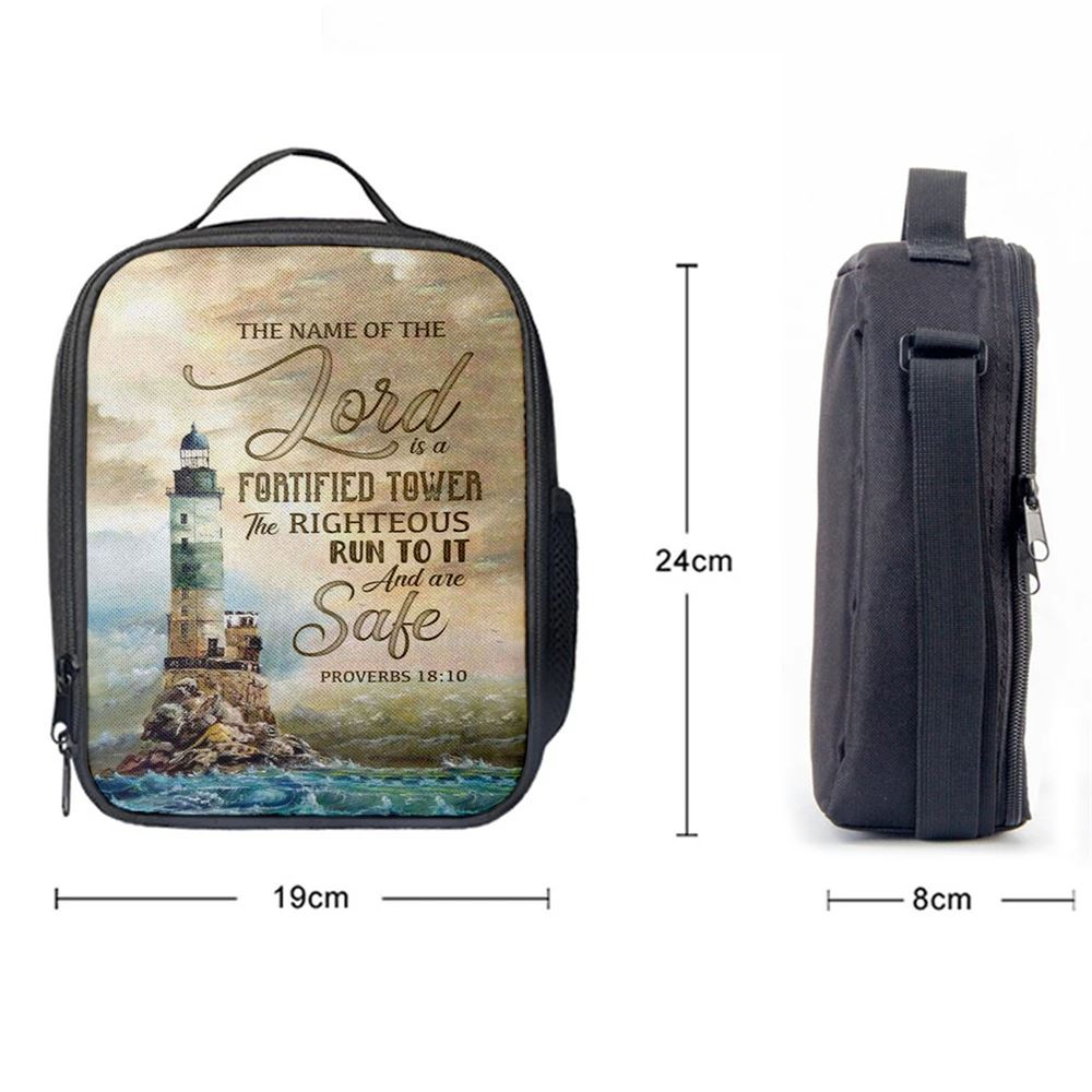 Bible Verse Proverbs 1810 The Name Of The Lord Is A Fortified Tower Lunch Bag, Christian Lunch Bag For School, Picnic, Religious Lunch Bag