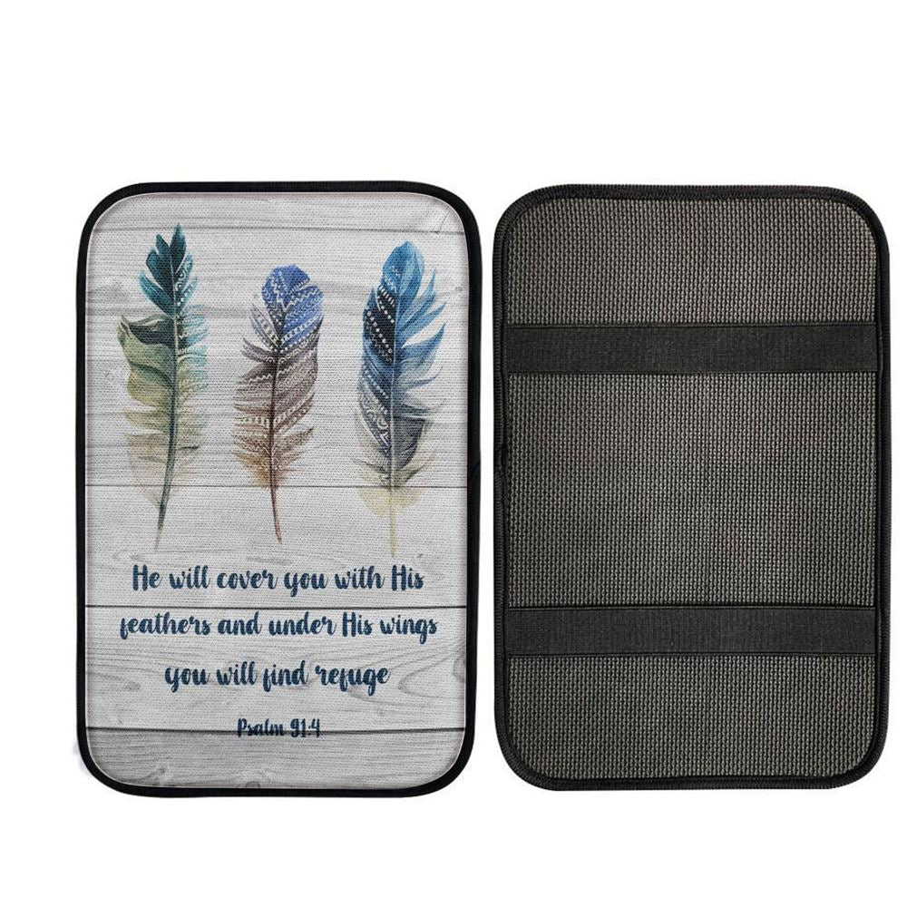 Bible Verse Psalm 914 He Will Cover You With His Feathers Car Center Console Cover, Cross Car Interior Accessories