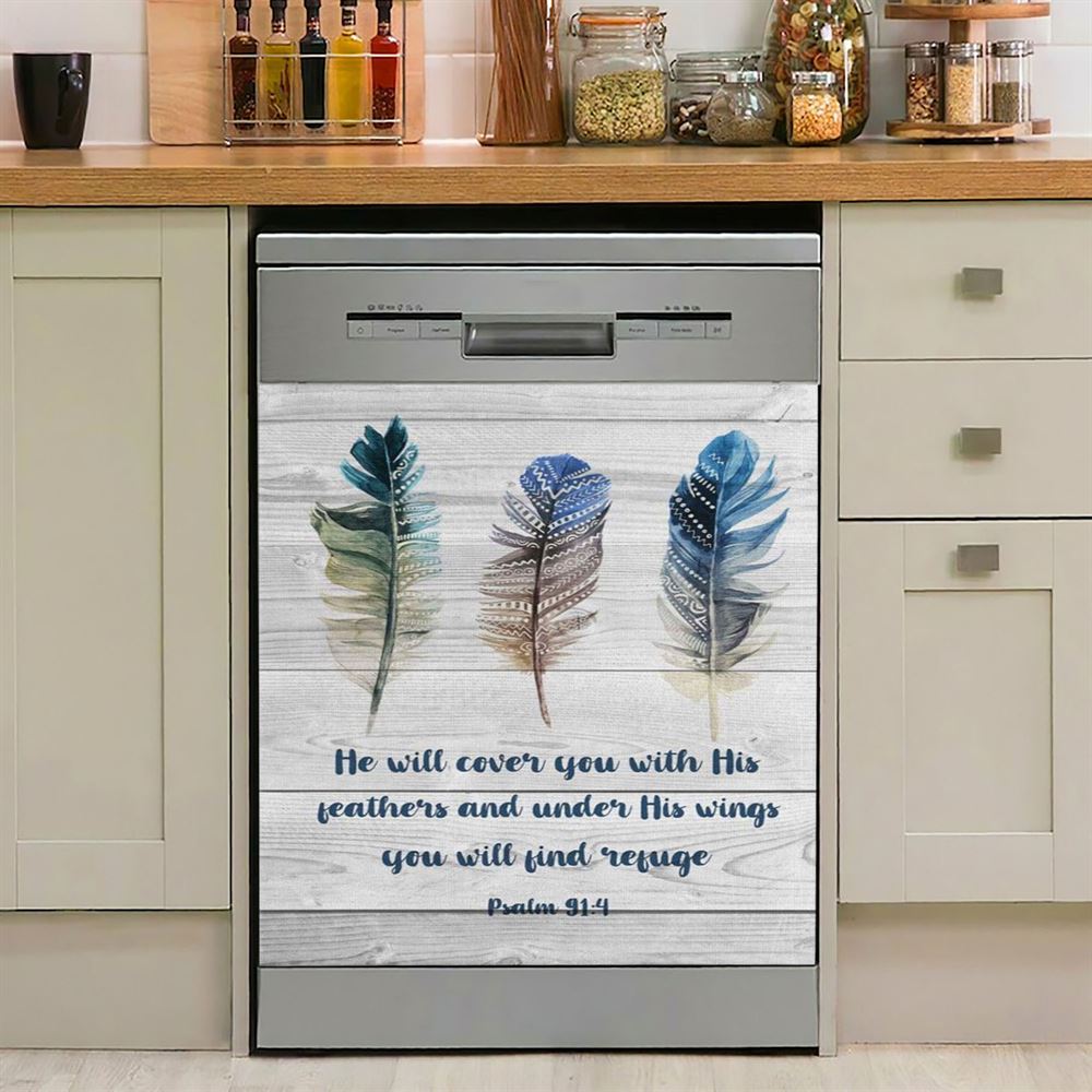Bible Verse Psalm 914 He Will Cover You With His Feathers Dishwasher Cover, Bible Verse Dishwasher Magnet Cover, Scripture Kitchen Decor