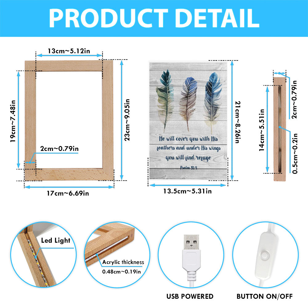 Bible Verse Psalm 914 He Will Cover You With His Feathers Frame Lamp Prints - Bible Verse Decor - Scripture Art