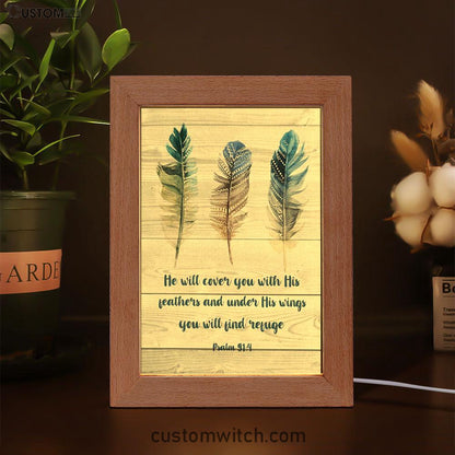 Bible Verse Psalm 914 He Will Cover You With His Feathers Frame Lamp Prints - Bible Verse Decor - Scripture Art