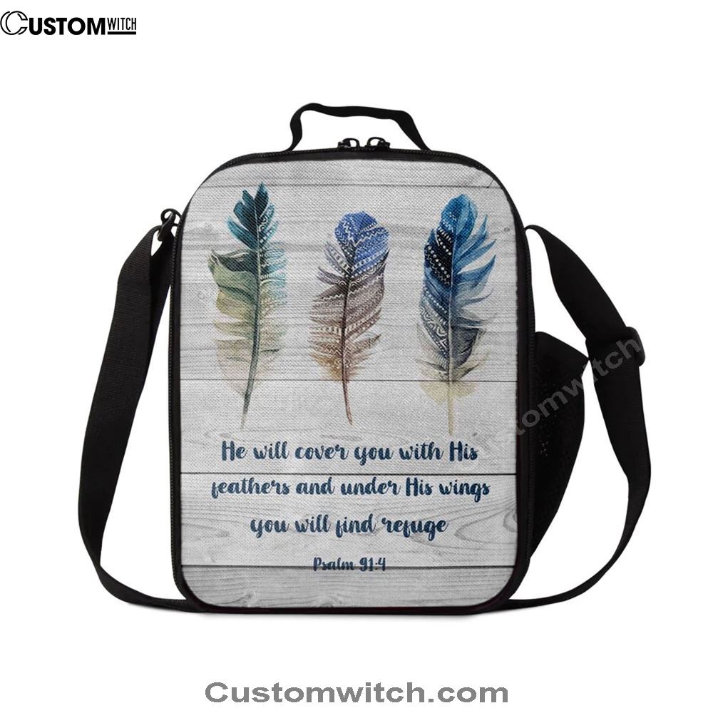 Bible Verse Psalm 914 He Will Cover You With His Feathers Lunch Bag, Christian Lunch Bag For School, Picnic, Religious Lunch Bag