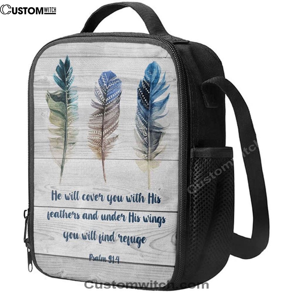 Bible Verse Psalm 914 He Will Cover You With His Feathers Lunch Bag, Christian Lunch Bag For School, Picnic, Religious Lunch Bag