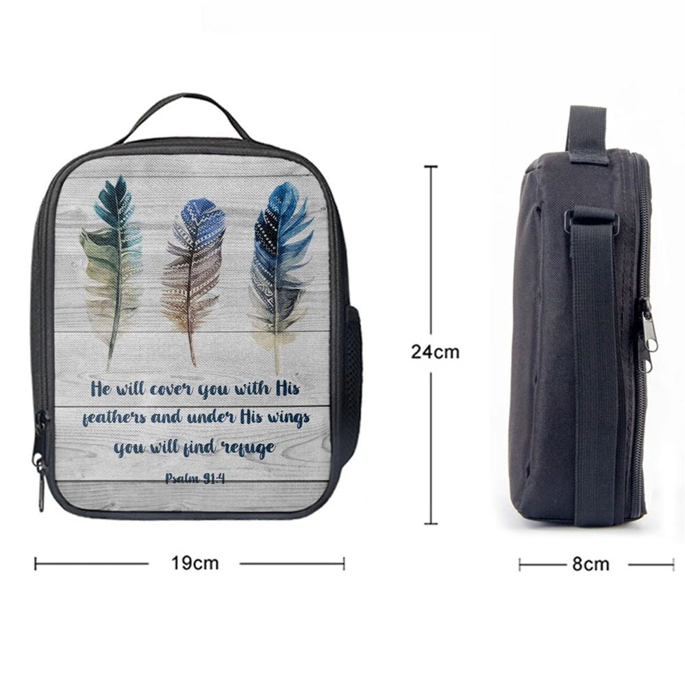 Bible Verse Psalm 914 He Will Cover You With His Feathers Lunch Bag, Christian Lunch Bag For School, Picnic, Religious Lunch Bag