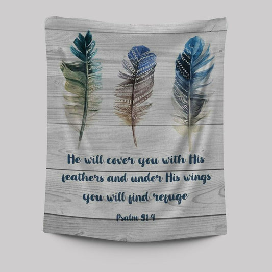 Bible Verse Psalm 914 He Will Cover You With His Feathers Tapestry Prints - Bible Verse Wall Decor - Scripture Wall Art