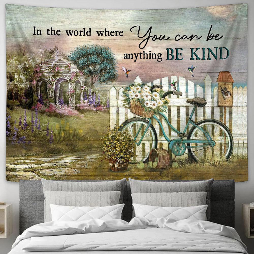 Bicycle Daisy Flower Wicker Baskets Pergola With Wisteria Be Kind Tapestry Wall Art - Bible Verse Tapestry - Religious Tapestry Wall Hanging