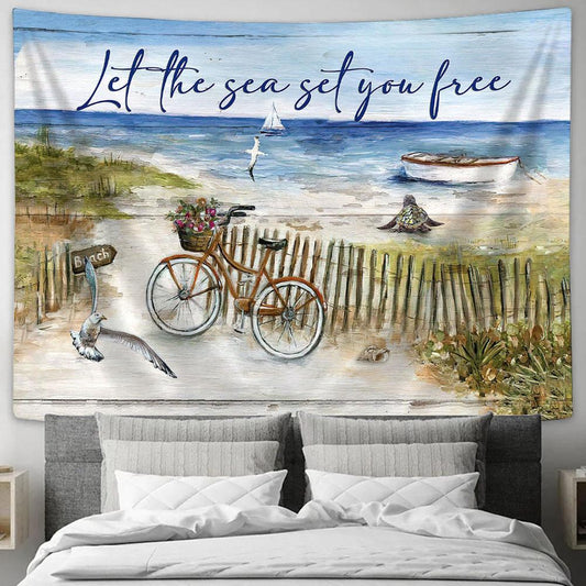 Bicycle Seagull Let the sea set you free Tapestry Wall Art - Bible Verse Tapestry - Religious Tapestry Wall Hanging